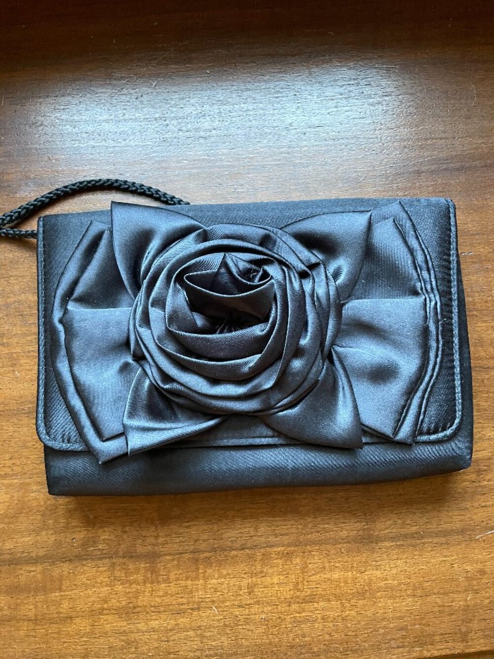 Style & Co Black Satin Rosette Evening Bag.